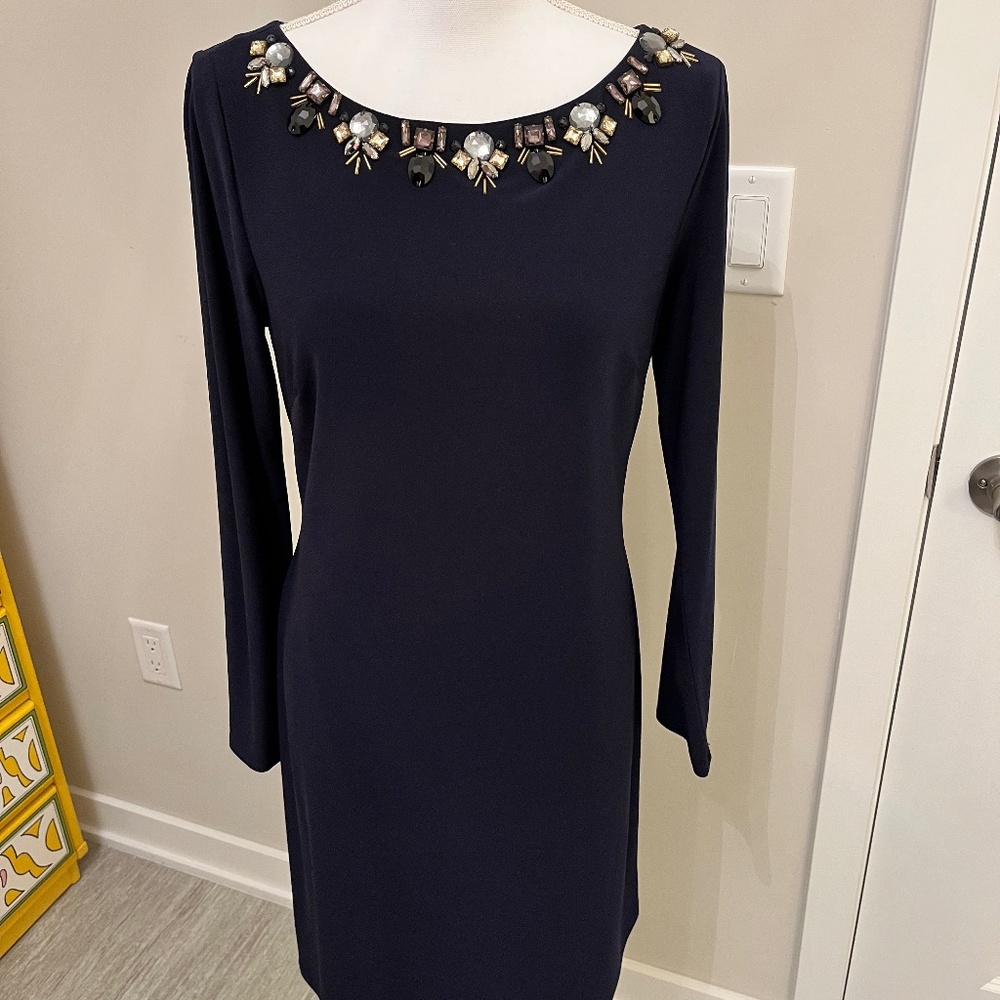 Vince Camuto Navy Long Sleeve Jersey Shift Dress with Embellished Neckline 12